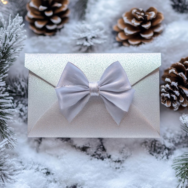 Silver gift envelope with a shiny metallic bow set against a winterthemed backdrop of pinecones and