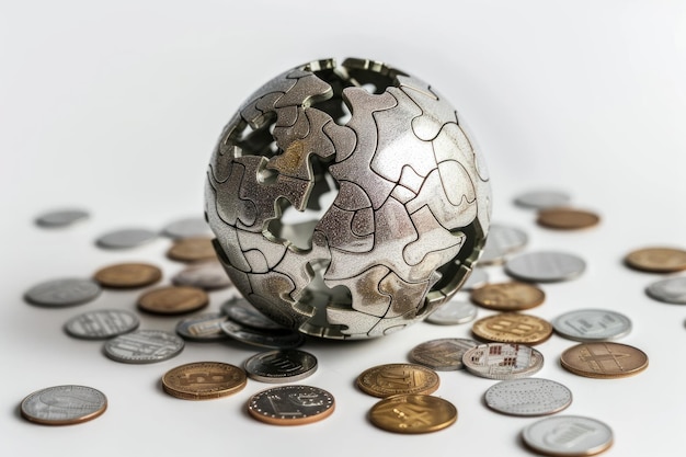 Photo a silver globe with a bunch of coins on it