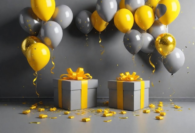 a silver and gold gift box with a bunch of balloons and a gold ribbon