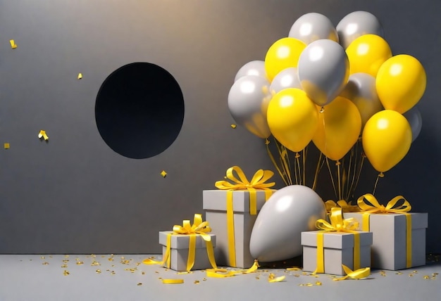 a silver and gold gift box with a bunch of balloons and a gold ribbon