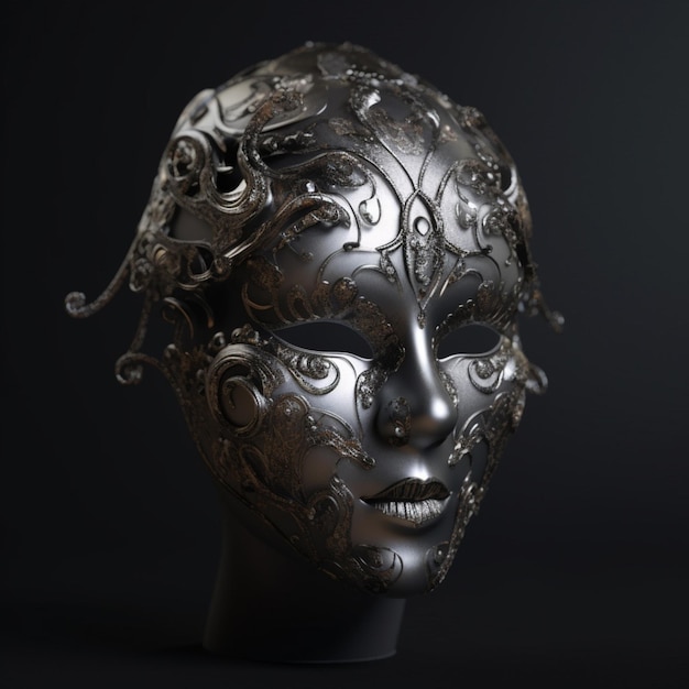 A silver and gold mask with floral designs on it.