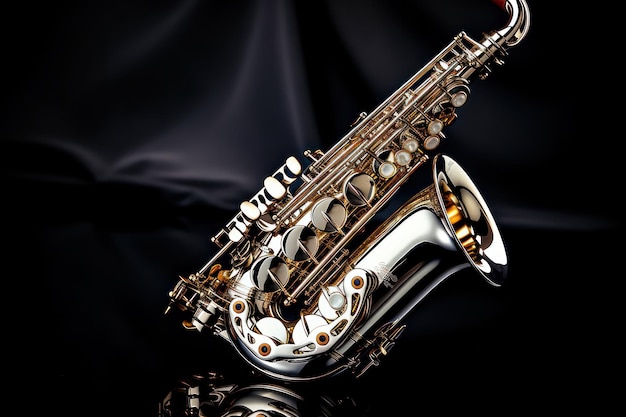 Silver and Gold Saxophone on Black Background