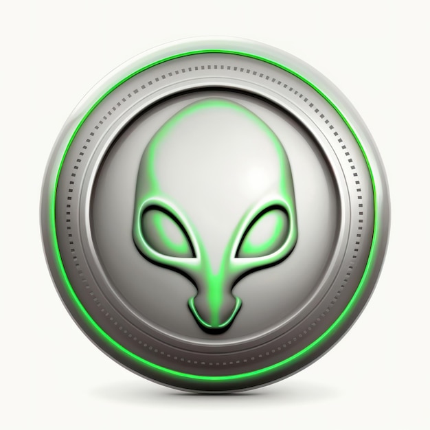 A silver and green badge with the head of an alien.