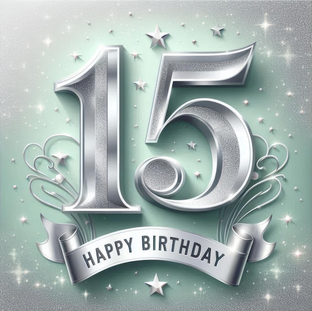 Silver and green Happy Birthday 15 design with stars and elegant motifs