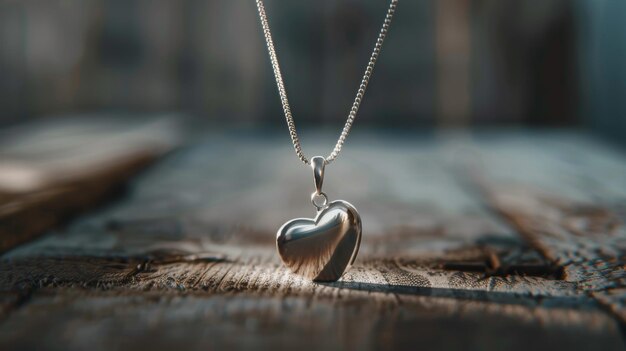 A silver heart pendant on a delicate chain dramatically lit on a wooden surface representing love and refined elegance