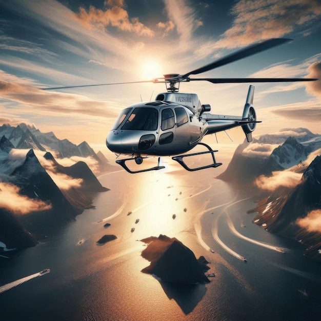 Silver Helicopter Flying Over the Sea with Ocean Background