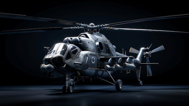 A silver helicopter sits in a dark hangar ready for action