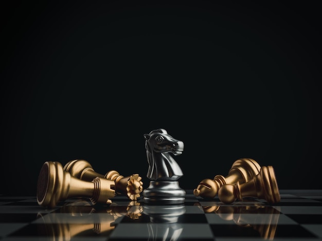 The silver horse, knight chess piece standing with falling golden queen, rook, bishop, pawn pieces on chessboard on dark background. Leadership, winner, competition, and business strategy concept.