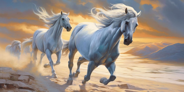 Silver Horses Galloping in the Desert Sand Generative AI