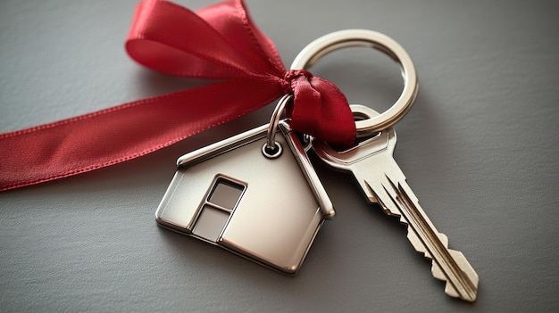 Silver house keychain with red ribbon symbolizing buying or selling a new home