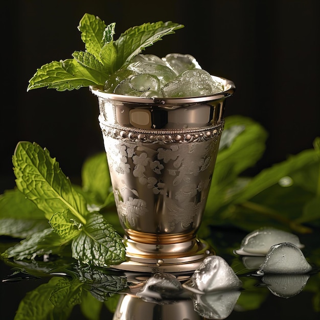 Photo silver julep cup with mint leaves and ice