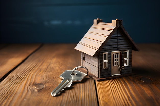 A silver key to a house attached to a keychain is shown against a blue background empty space for