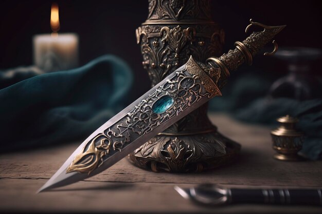 A silver knife with a blue stone on it sits on a table next to a candle holder.