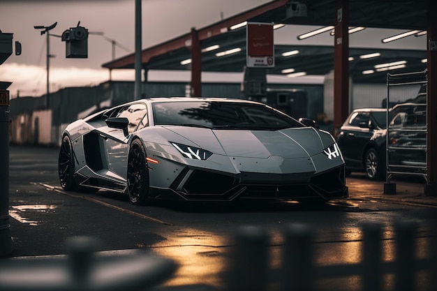 A silver lamborghini is parked in a parking lot with a sign that says lamborghini.