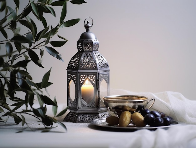 A silver lantern with a candle on it next to a bowl of fruit.