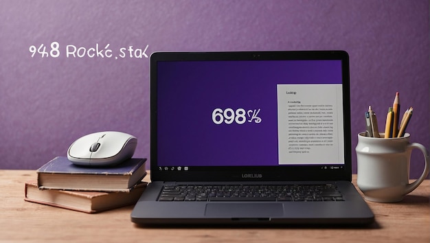 A silver laptop and a grey computer mouse on a stack of books against a purple background