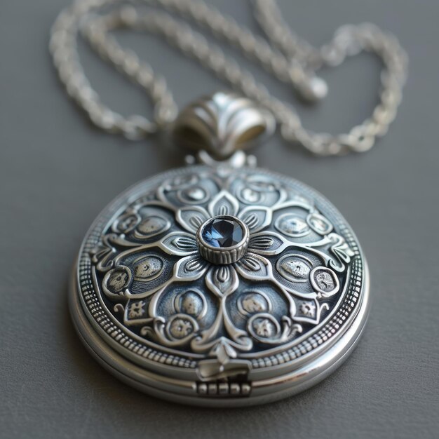 Photo silver locket with intricate design and blue gemstone