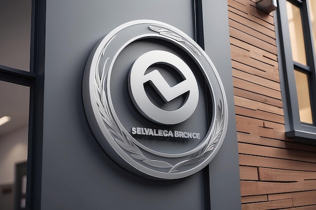 Silver logo mockup on small office facade