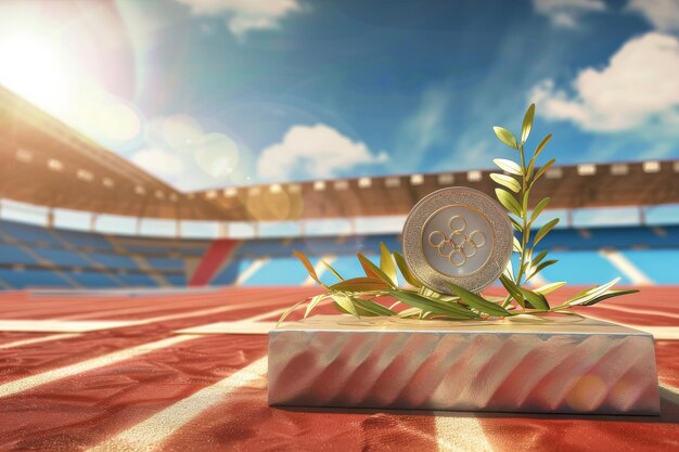 Photo a silver medal adorned with an olive branch rests on a podium in an empty stadium symbolizing achievement and honor in sports