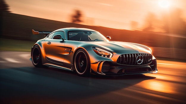 A silver mercedes - amg gt r sports car drives down a road.