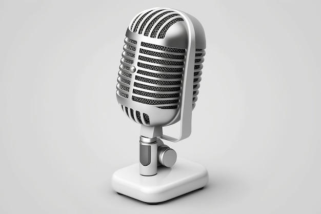 Silver metal retro tabletop audio microphone on a stand Public speaking podcast Talking to audience Realistic 3d illustration Image is AI generated