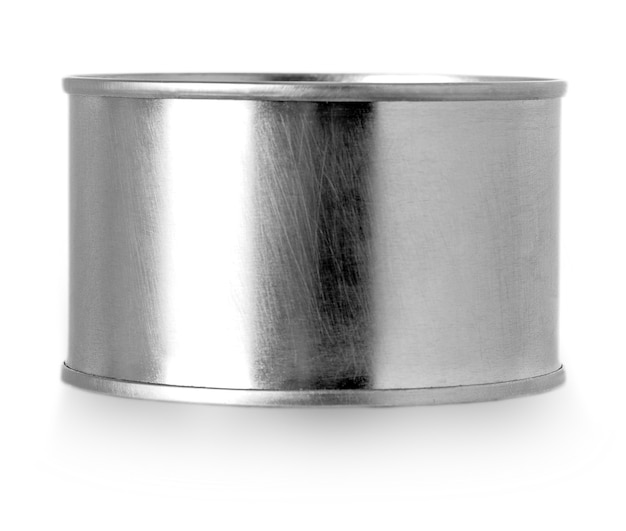 Silver metal tin can on white background