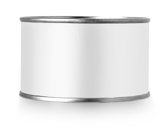 Silver metal tin can with white label isolated on white background.