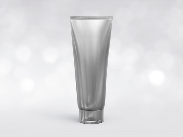 Silver metallic plastic cosmetic tube isolated on shining bokeh background