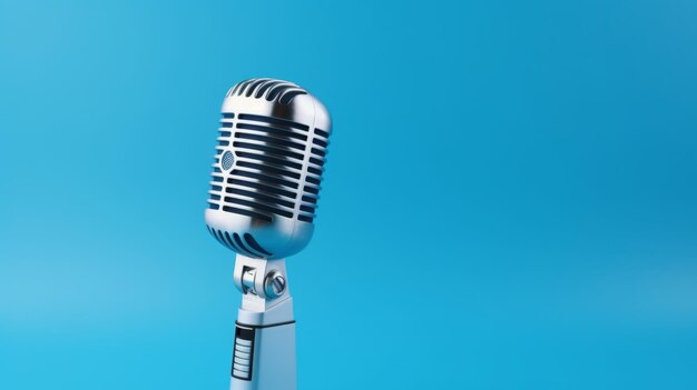 Silver microphone with forkshaped handle on blue background ai generated