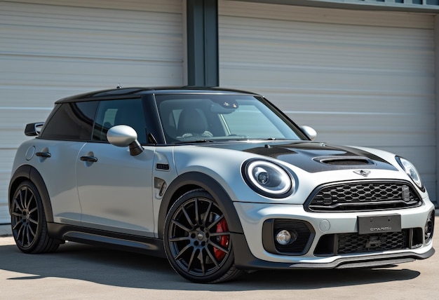 Photo a silver mini cooper john cooper works with black accents and a carbon fiber hood