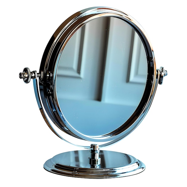 a silver mirror with a silver frame and a silver base