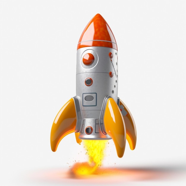 A silver and orange rocket with the word " rocket " on the side.