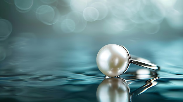 a silver pearl ring with a reflection of light on it