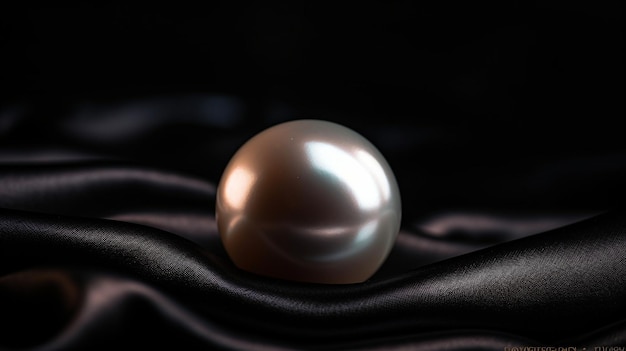 A silver pearl sits on a black cloth with the light shining on it.