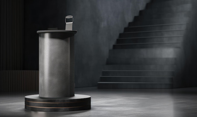 A silver pedestal with a black border and a black staircase in the background.