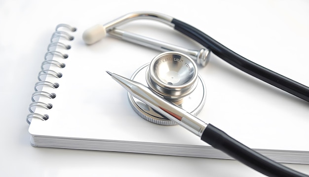 Photo silver pen and stethoscope on meadical notebook isolated with white highlights