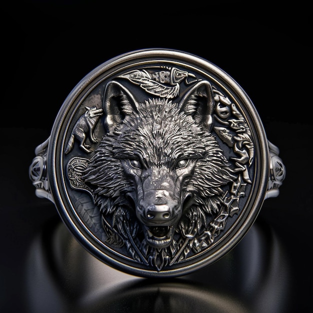 a silver piece of art that has a wolf head on it