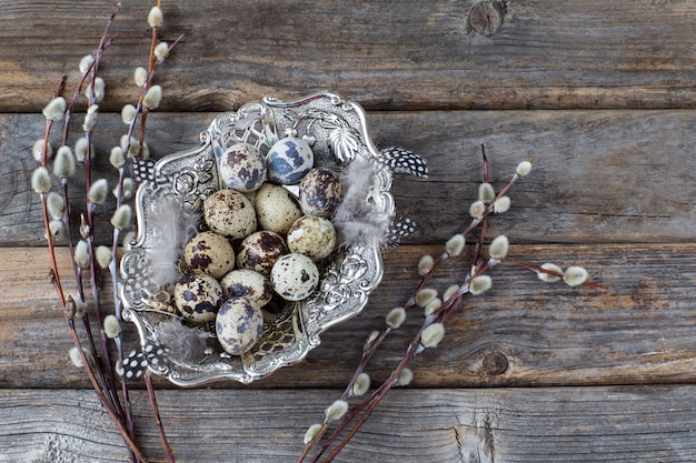 silver plate with quail eggs and willow on wooden background - easter background 