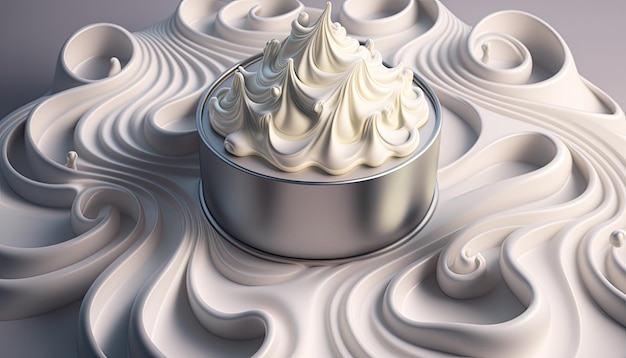 A silver plate with whipped cream on it.