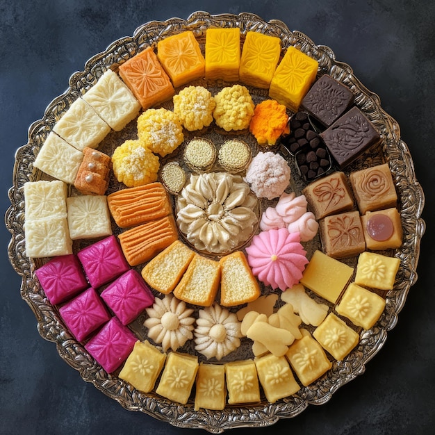 Photo a silver platter holds a variety of colorful decorative and patterned candies