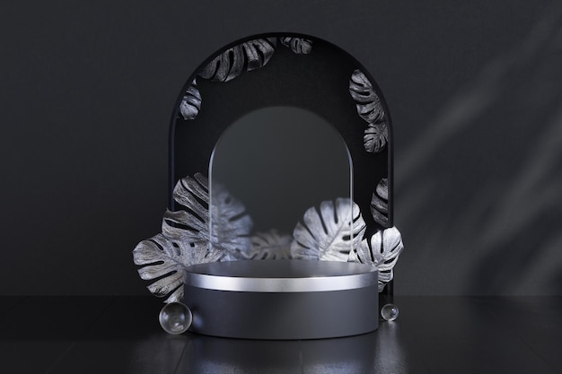 Silver podium stage display mockup for product presentation in dark background with monstera leaves