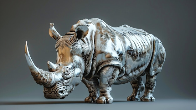 A silver rhinoceros stands on a gray background