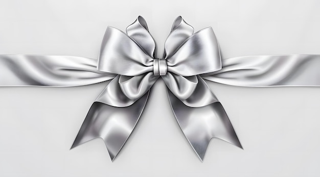 Photo silver ribbon bow on the straight ribbon for gift banner isolated on white background