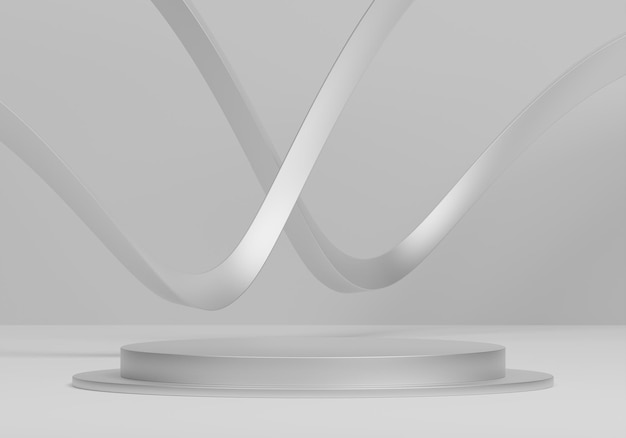 silver Ribbon wave and white podium for product presentation 3d rendering Premium white background