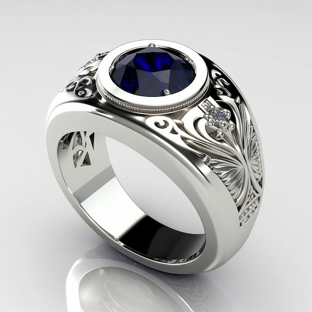 A silver ring with a blue stone and diamond on it.