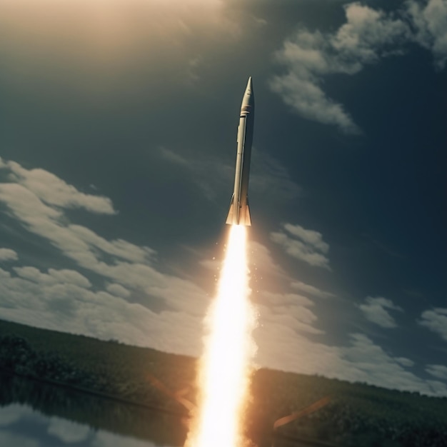 A silver rocket flying with skies in background