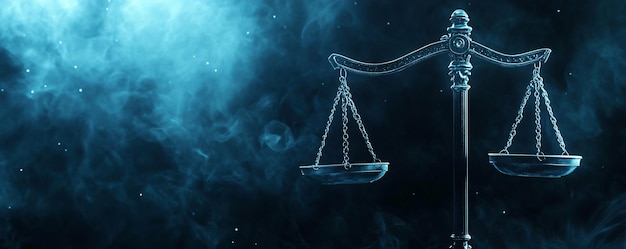 Photo silver scales of justice against a smoky blue backdrop with space for text