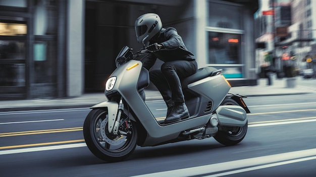 a silver scooter is going down the street with a person on the side