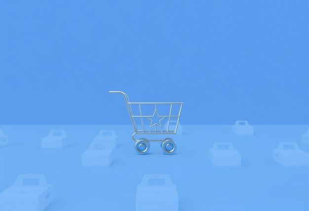 Photo silver shopping cart with star on blue background