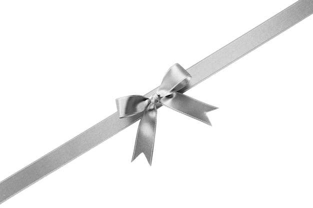 Silver silk ribbon with beautiful bow isolated on white background